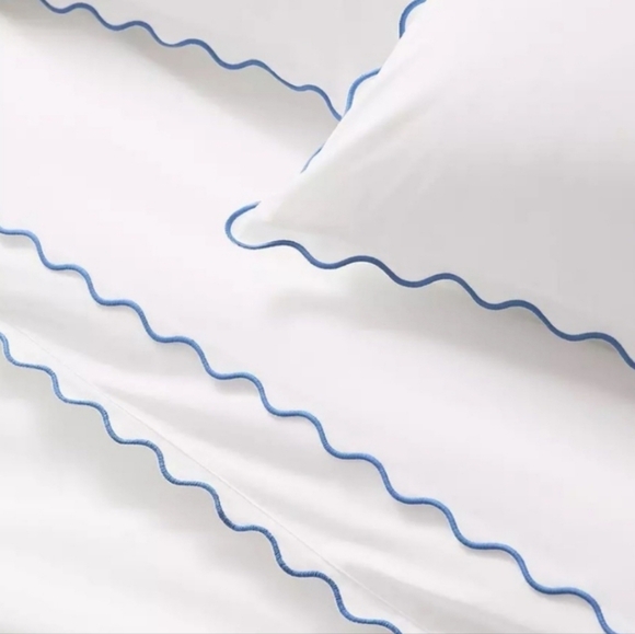 Serena & Lily Wave Percale Duvet And Pillow Shams Twin Size White Blue Piping - Picture 2 of 5